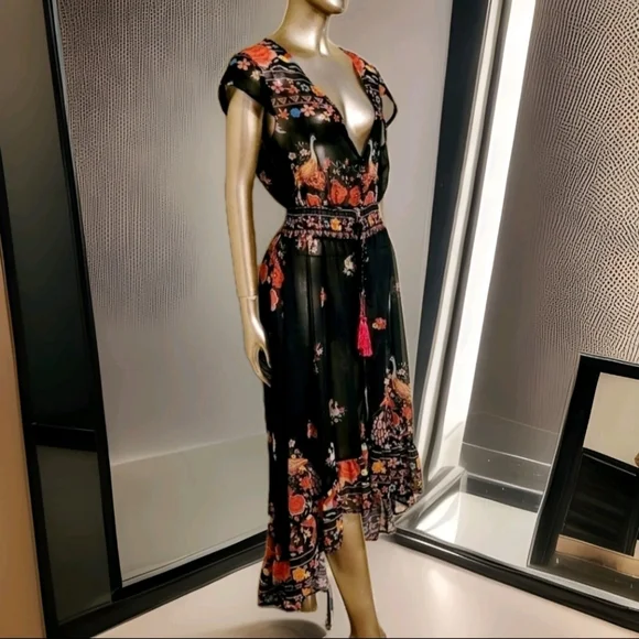 NWOT Floral Shirred Waist Tie Front Ruffle Hem Boho Sheer Dress Sz M - Picture 6 of 16